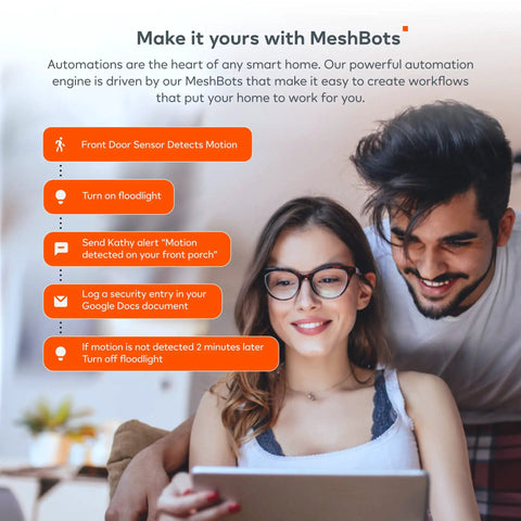 Couple using a laptop with smart home hub features. Text overlays detail automation via Smart Home Hub With Zigbee And Z Wave Connects To Wi Fi Devices Works With Alexa And Google Assistant Control Smart Locks Lights And Switches From A Simple App Across Brands.
