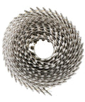 Coiled arrangement of Stainless Coil Siding Nails 2-1/2 Inch 0.09 Inch Ring Shank 15 Degree Small Cap Nails For Cement Board Siding And Fencing Jobs