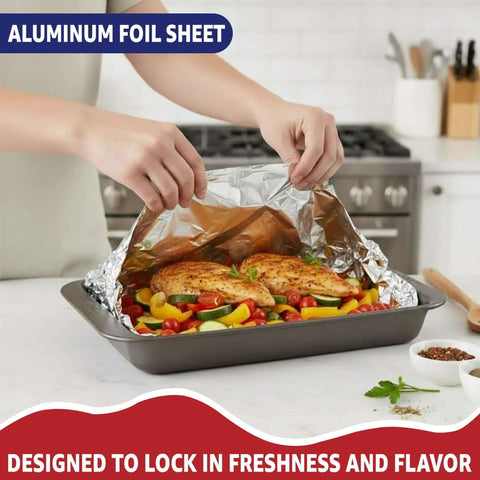 Wrapping roasted chicken with Heavy Duty 18 Inch Wide Aluminum Foil Roll, 500 Feet, Food Safe, Tear Resistant for Cooking, Grilling