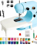 Straight Up Hassle Free Compact Mini Sewing Machine With Dual Speed Options Bright Led Lamp Extension Table And Slick All In One Beginner Kit For Diy Fabrics with accessories including threads and tools.