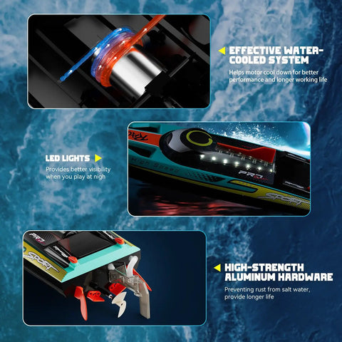 Features of Brushless RC Boat 40MPH Beast With Self Righting LED Lights Fishing Function 19 Inch High Speed Racing Boat