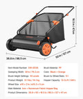 Heavy Duty Push Lawn Sweeper With 30 Inch Wide Broom And 12 Cubic Foot Hopper Bag For No Sweat Grass And Leaf Pickup, black and orange design.