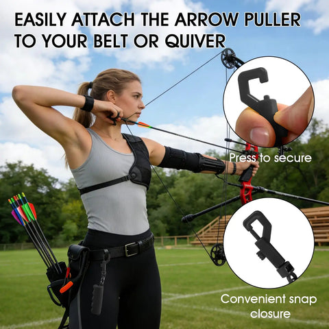 Archer on field with bow, arrows, and Archery Arrow Puller Gripper With Belt Clip And Soft Molded Handle for easy access.