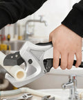Ratcheting PVC Pipe Cutter With Soft Grip Handle in use, cutting 1-5/8 inch PVC pipe, V Shaped SK5 Steel Blade