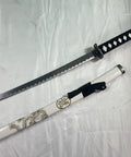 Traditional Handmade Samurai 3 Piece Katana Wakizashi Tanto Sword Set With Display Stand Stainless Steel Blades Gold Dragon Scabbard Dragon White Collectors Item, featuring a katana sword with a gold dragon on the scabbard.