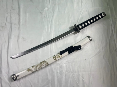 Traditional Handmade Samurai 3 Piece Katana Wakizashi Tanto Sword Set With Display Stand Stainless Steel Blades Gold Dragon Scabbard Dragon White Collectors Item, featuring a katana sword with a gold dragon on the scabbard.