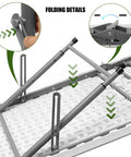 Folding mechanism of the Sturdy 4 Foot Portable Folding Table That Folds In Half, showing locking steel legs and HDPE top details.