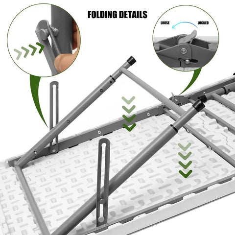 Folding mechanism of the Sturdy 4 Foot Portable Folding Table That Folds In Half, showing locking steel legs and HDPE top details.