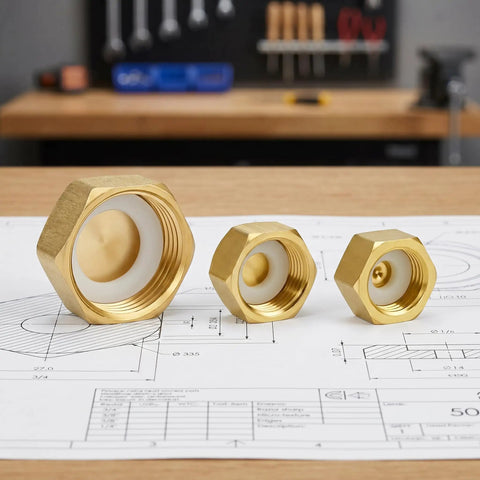 Brass Pipe Caps Six Piece Hex Compression Gas Line Caps with Rubber Gaskets on technical drawing background