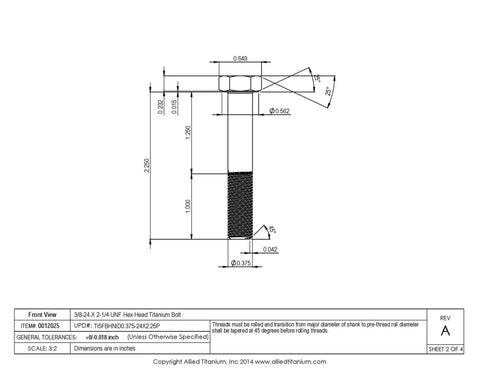 3/8-24 X 2-1/4 Unf Hex Head Titanium Bolt dimensions illustration for Pack Of Three Grade Five Titanium Hex Bolts.