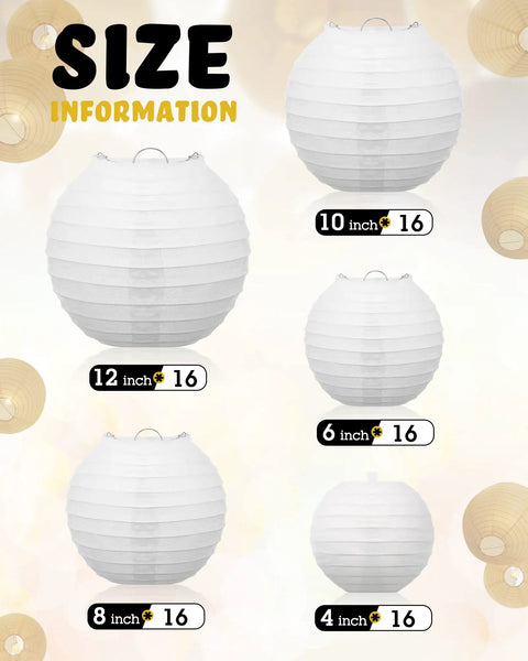 80 Piece White Paper Lanterns Set For Ceiling Hanging Decor Five Sizes From 4 Inch To 12 Inch Size Chart