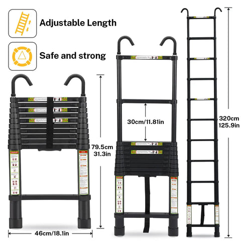 All Around Workhorse Extendable Aluminum Ladder 10.5 Ft with 330 Lb load showing compact and extended views with measurements.