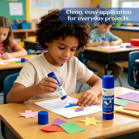 Child using All Purpose Office Glue Sticks 6g Pack Of 30 Purple Goes On Dries Clear for school art project