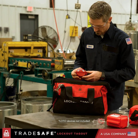 Heavy Duty Lockout Tagout Bag, Large LOTO Tool Organizer, Tough As Nails Industrial Safety Pouch on workshop table.