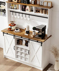 Premium White Farmhouse Coffee Bar Cart With Sliding Barn Doors Open Storage Hutch Integrated Wine Rack Solid Wood Serving Counter Top Station with coffee maker and decor.