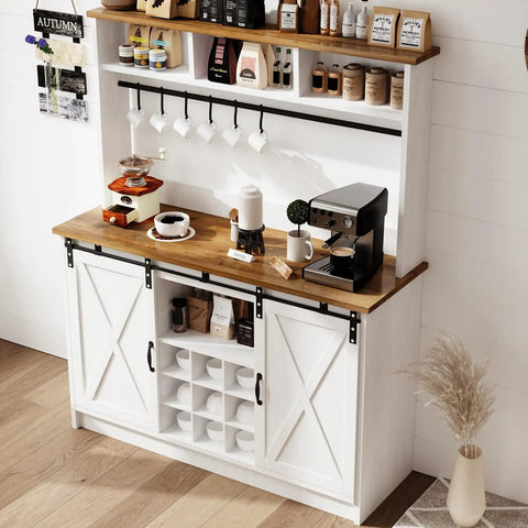 Premium White Farmhouse Coffee Bar Cart With Sliding Barn Doors Open Storage Hutch Integrated Wine Rack Solid Wood Serving Counter Top Station with coffee maker and decor.
