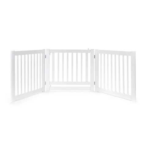 360 Hinges Freestanding Dog Gate with Walk Through Door for Home Use Up to 76 Inches Wide, shown as a three-panel gate, white.