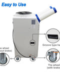 Heavy Duty 18700 BTU Mobile Industrial Air Conditioner With Smart Digital Interface showing wheels and handle for easy mobility.