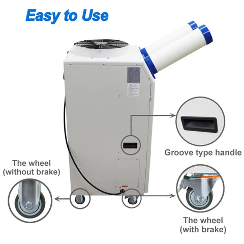 Heavy Duty 18700 BTU Mobile Industrial Air Conditioner With Smart Digital Interface showing wheels and handle for easy mobility.