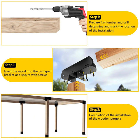 Three Way T Shaped Beefy Pergola Brackets For Four By Four Wood Beams Three Point Five Inches Heavy Duty 14 Gauge Steel With Hardware Outdoor Gazebo Cabin Mounts