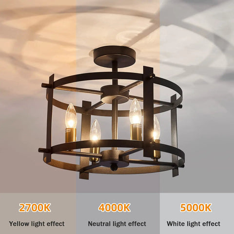 Dope Industrial Semi Flush Mount Ceiling Light With Four Lights Modern Metal Fixture showing various light effects in black and gold.