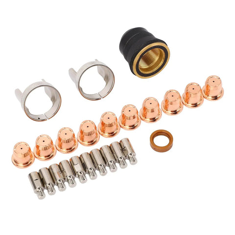Fabater 24 Piece Plasma Cutting Torch Tip Kit With Electrodes Nozzles Stand Off Swirl Rings For PT-60 PTM-60 IPT-40 Cutters components layout.