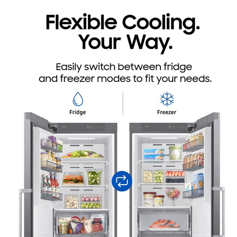 Large 11 Cubic Foot Convertible Upright Freezer And Fridge Flip Featuring Even Airflow And Reversible Door Design Energy Star Certified Stainless Steel Construction showing fridge and freezer modes.