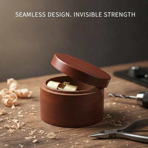 Hidden Barrel Hinge With Gold Finish Brass Hardware for Flip Top Lids displayed in round wooden container.