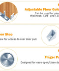 Image showing components of the 4FT Aluminum Bypass Door Hardware Set for Two Door System with finger pulls, including adjustable floor guide, door stop, and finger pull