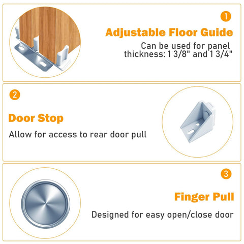 Image showing components of the 4FT Aluminum Bypass Door Hardware Set for Two Door System with finger pulls, including adjustable floor guide, door stop, and finger pull