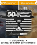 Waterproof RC Servo with 50kg torque, coreless motor, metal gear, digital aluminum case for 1/8 and 1/10 RC crawlers and trucks, IP67 rated.