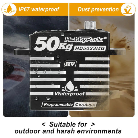 Waterproof RC Servo with 50kg torque, coreless motor, metal gear, digital aluminum case for 1/8 and 1/10 RC crawlers and trucks, IP67 rated.