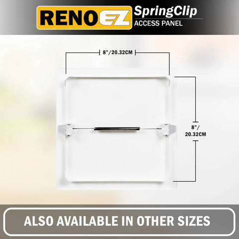 No Sweat 8X8 Inch Drywall Access Panel Tool Free Install Spring Loaded Wall Hole Cover with dimensions and textured surface.