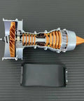 Trent 900 Simulated Turbofan Aircraft Engine Model Kit With LED Light, showcasing transparent shell and brass parts on stand.