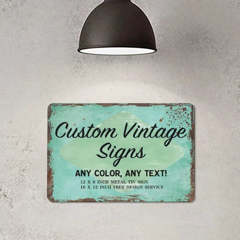 Customizable Metal Sign With Text Or Logo Made In USA for any color, any text, vintage style sign under a lamp