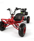 Red 212cc gas powered go kart with CVT belt drive, 420 chain, four-wheel independent suspension, and 145 70 6 tires, adult size.