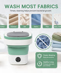 Compact Portable Foldable Washer With Amped Up Motor And Three Wash Cycles, displaying cleaning capabilities for various fabrics.