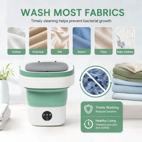 Compact Portable Foldable Washer With Amped Up Motor And Three Wash Cycles, displaying cleaning capabilities for various fabrics.