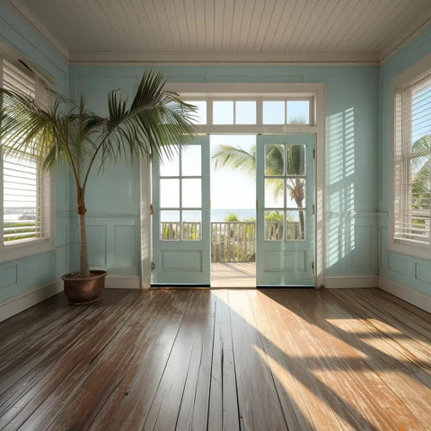 Sunlit room with wooden floor, blue walls, potted palm, and glass doors overlooking a balcony with ocean view.