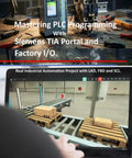 Image of Mastering PLC Programming With Siemens TIA Portal and Factory I/O, showcasing Siemens PLC on a workbench and industrial automation setup.