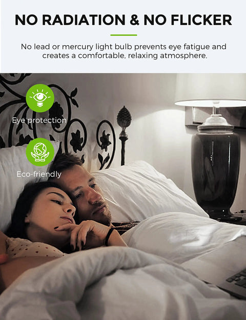 Couple relaxing in bed with lamp using Three Way LED Light Bulbs 50 100 150W Equivalent, Daylight White 5000K A19 LED