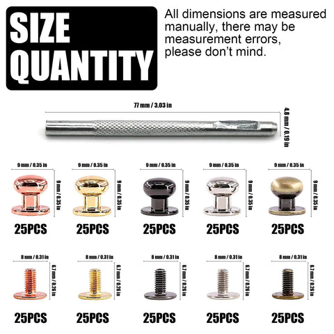 Badass DIY Leather Hardware 125 Piece Round Head Chicago Screw Set With Five Hella Durable Colors showing size specs and quantity.