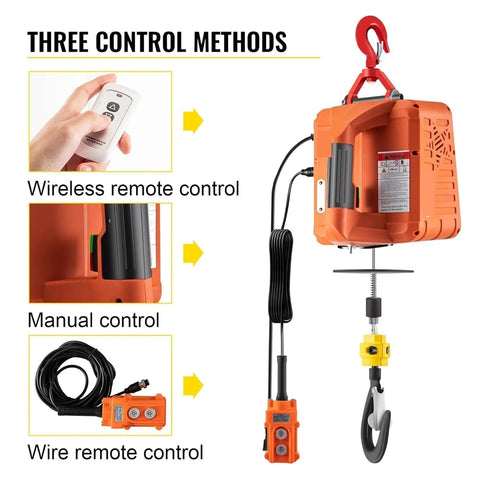 Heavy Duty Electric Hoist Winch With Wireless Remote 110V 1500W Pro Grade Lift Up To 1100 Lbs At 16 Ft Per Min 25 Ft Cable For Garage And Shop Lifting Jobs showing three control methods and hook
