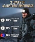Man outdoors wearing LED Beanie Hat With Light Rechargeable Knitted Cap For Men And Women. Shows 3 levels of brightness.