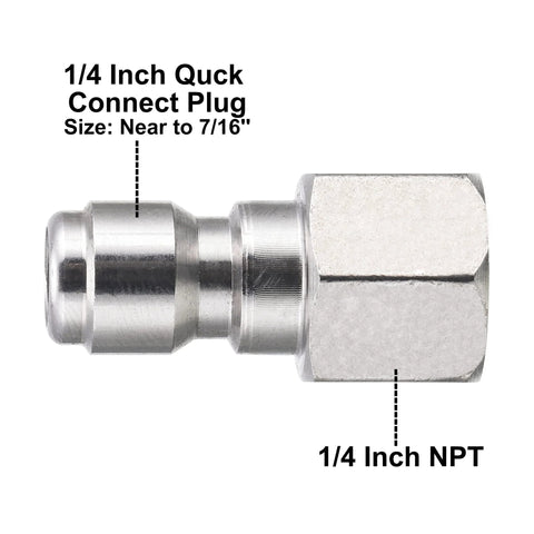 Side view of chrome 1/4 in quick-connect plug to 1/4 in NPT pressure washer fitting