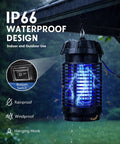 All Season Bug Zapper For Indoor And Outdoor Use With 4200V Electric Grid Waterproof Mosquito Killer 365nm UV Light 20W Power One Button Easy Operation For Home Patio Yard Camping hanging from a roof in rain.