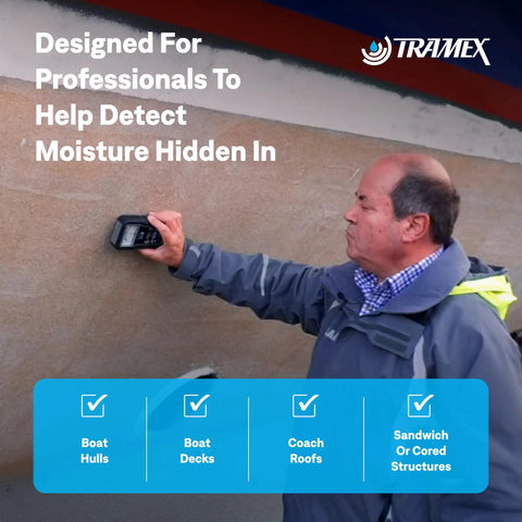 Skipper 5 Boat Moisture Meter SMM5 Non Destructive Analog Gauge For Wood And GRP Hulls Decks And Sandwich Core Structures Dual Depth Readings For Quick Moisture Content Checks On Boats in use on a boat hull