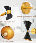 Mid Century Modern Wall Sconce 1 Pack Industrial Black And Brass Vanity Light With E26 Base, Hardwired