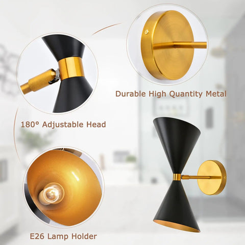 Mid Century Modern Wall Sconce 1 Pack Industrial Black And Brass Vanity Light With E26 Base, Hardwired