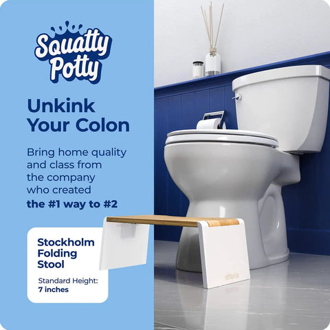 Stockholm Folding Bamboo Toilet Stool 7 Inch Collapsible For Easier Pooping beside white toilet in bathroom
